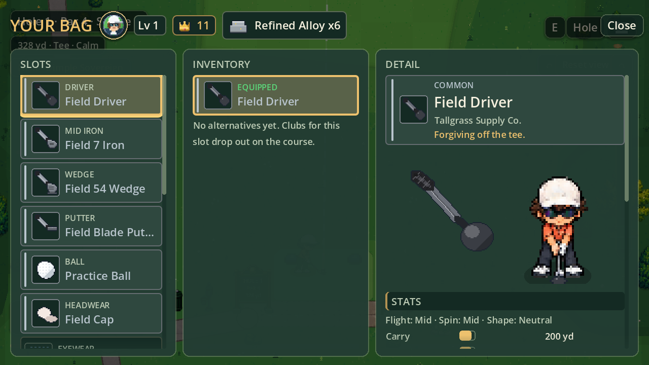 The bag screen: equipment slots down the left, the golfer holding the equipped driver, and the club's detail and stats on the right.