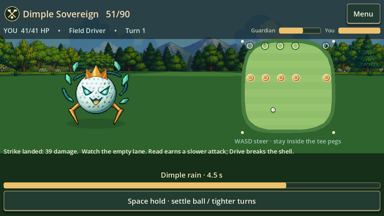Dimple Sovereign's attack: rows of dimples fall across the practice green while the golfer's ball holds the open lane.