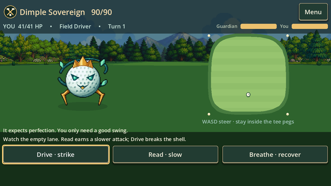 A boss fight against the redrawn Dimple Sovereign: the club crest and both health bars along the top, the boss on the left, a mown practice green on the right, and the choices Drive, Read and Breathe.