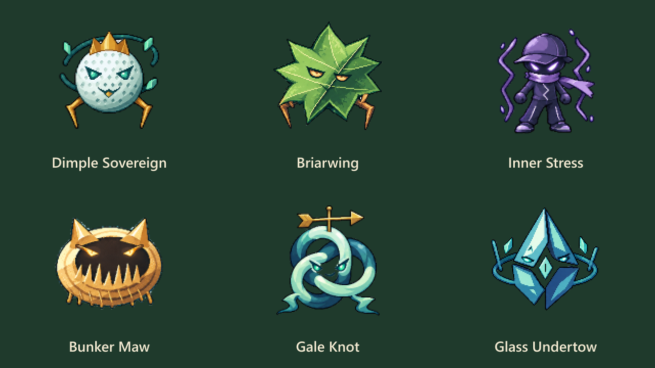 The six redrawn bosses side by side: Dimple Sovereign, Briarwing, Inner Stress, Bunker Maw, Gale Knot and Glass Undertow.