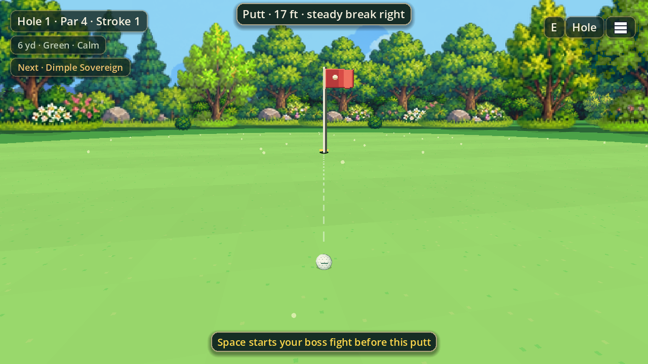 The putting view on the first green: the red flag against a treeline of full, rounded crowns.