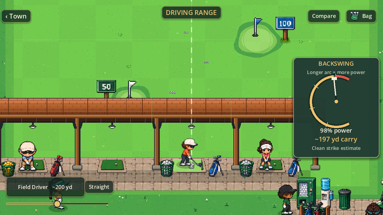Addressing a ball on the range with the backswing meter almost full: 98% power and an estimated 197 yard carry.