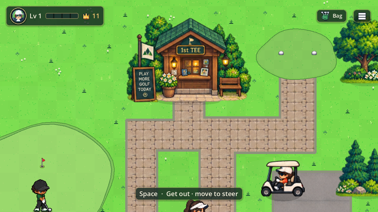 The golfer driving a golf cart along the paving past the 1st tee hut.
