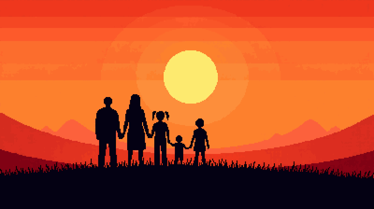 Concept art: a family of five in silhouette, holding hands in a line on a grassy ridge against an enormous orange setting sun. A father and mother on the left, then their three children, the smallest a toddler between her brothers.