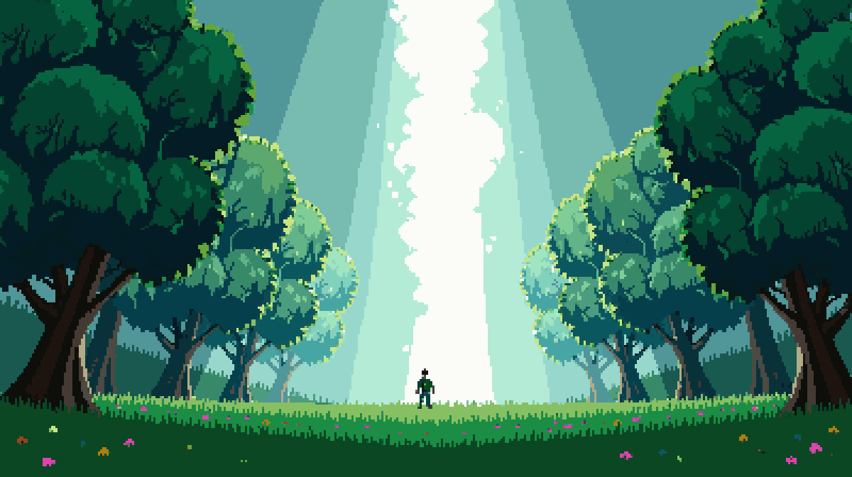 Concept art: a small silhouetted man stands in the grass of a lush green forest, facing a blinding vertical tear of white light running up between the trees.