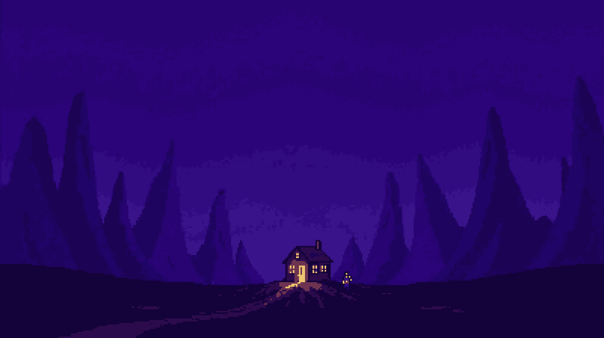 Concept art: one small cottage with warm lit windows stands alone and untouched in a vast barren landscape of twisted violet rock spires, a tiny figure walking toward it.