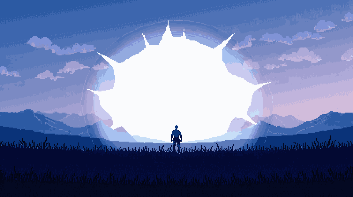 Concept art of a lone man on a dark plain facing an enormous tear in the sky.