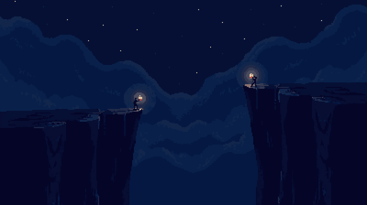 Concept art: two towering cliffs at night separated by an immense dark chasm, a tiny figure holding a lantern on the near cliff and a single distant warm light on the far one.
