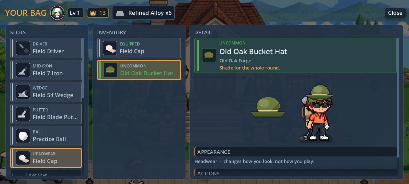 The bag screen previewing a bucket hat on the golfer before it is equipped.