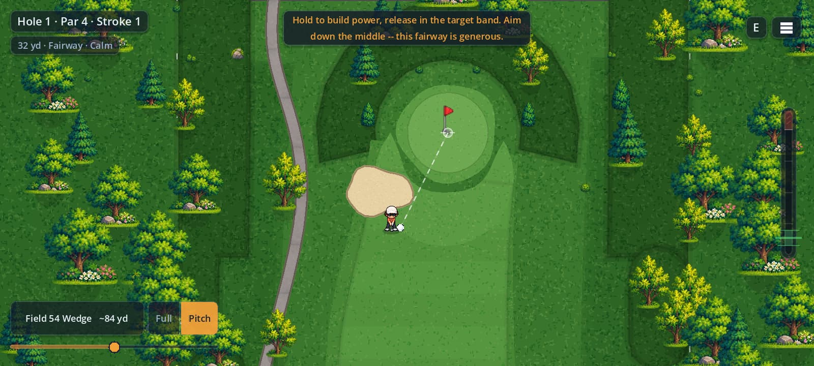 A pitch shot over a sand bunker toward the flag on the first green, with Pitch selected in the technique row.