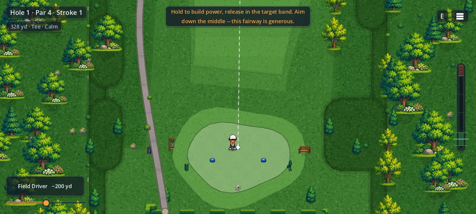 Hole 1 from the tee box: a wide fairway between tree lines, with the HUD reading Hole 1, Par 4, Stroke 1.