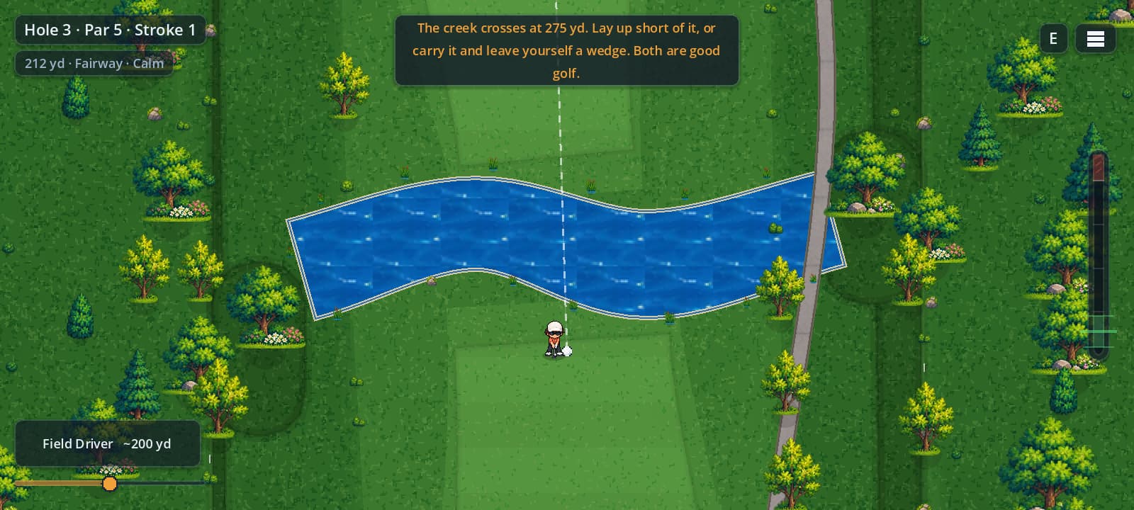 A creek winds across the fairway on hole 3 with the aim line crossing it; the hint explains laying up or carrying it.