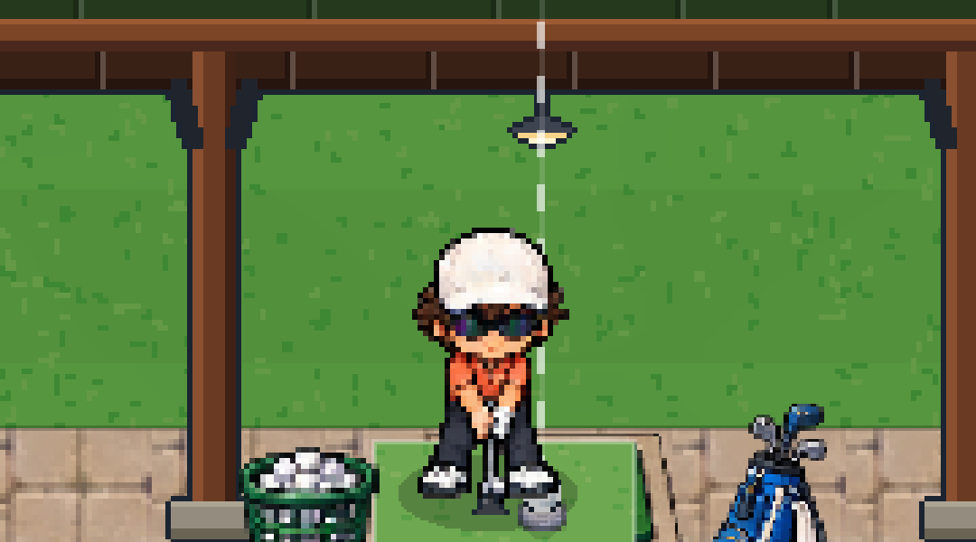 The golfer at address in the starter kit: white cap, orange polo, the Field Driver in hand.