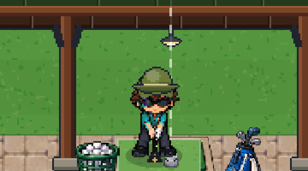 The same golfer at the same bay in a legendary kit: olive bucket hat, teal polo, Solstice One in hand.