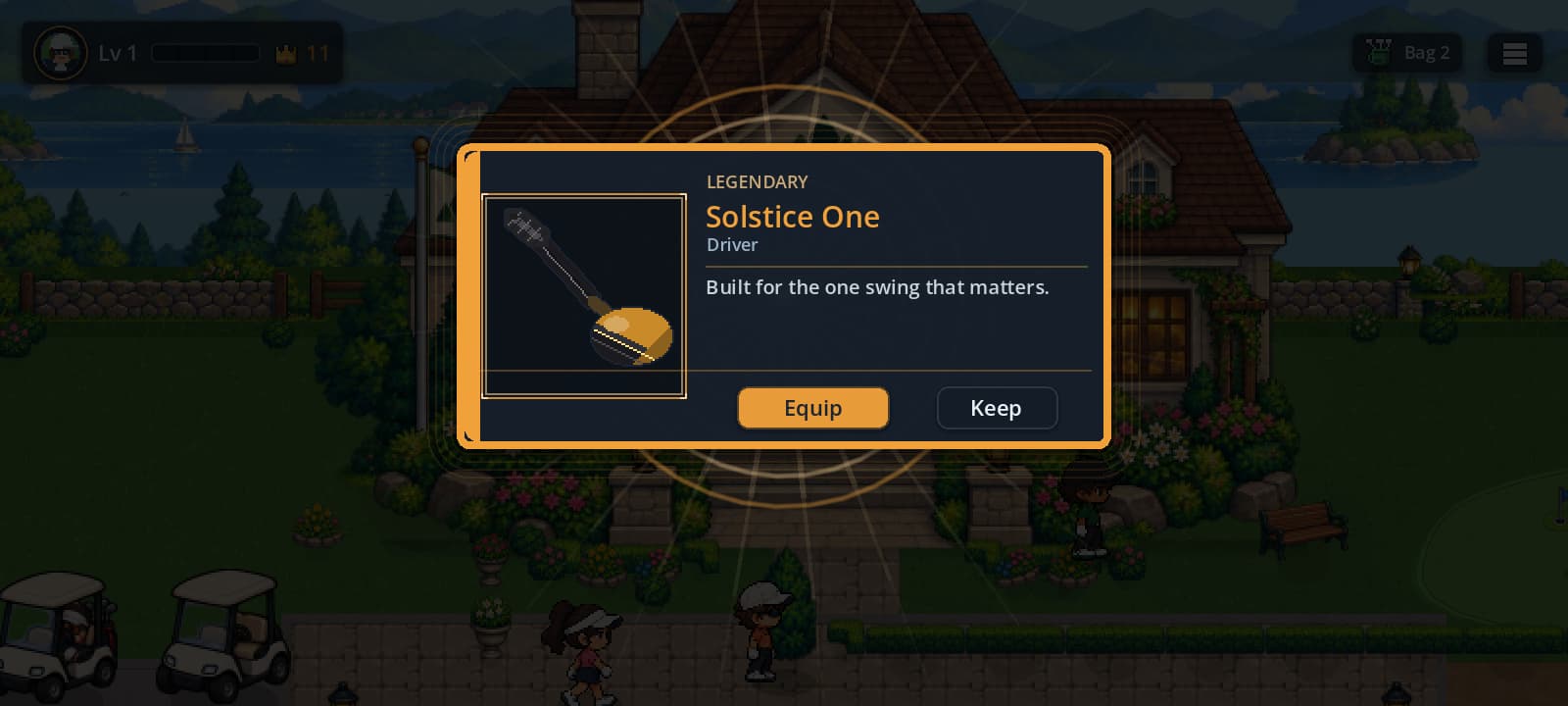 A gold-bordered reward card for a legendary driver, Solstice One, with Equip and Keep buttons, over the clubhouse.