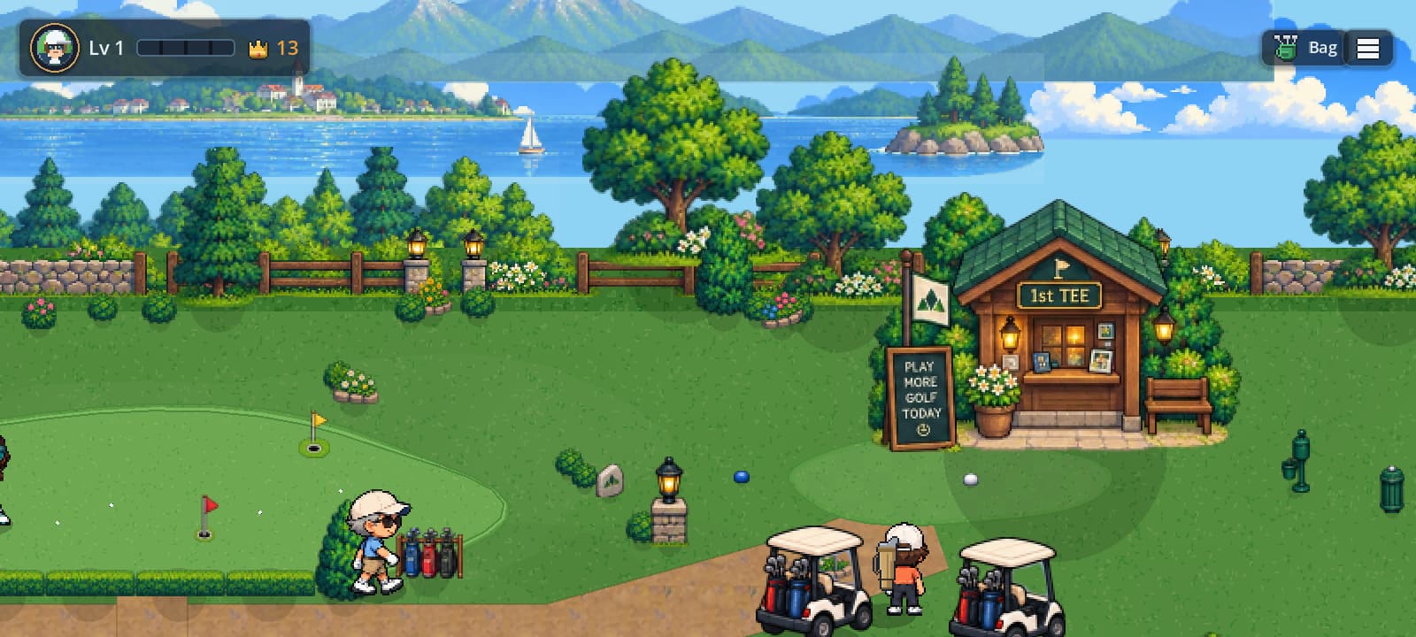 The starter's hut at the 1st tee with a chalkboard reading Play more golf today, carts parked on the path.