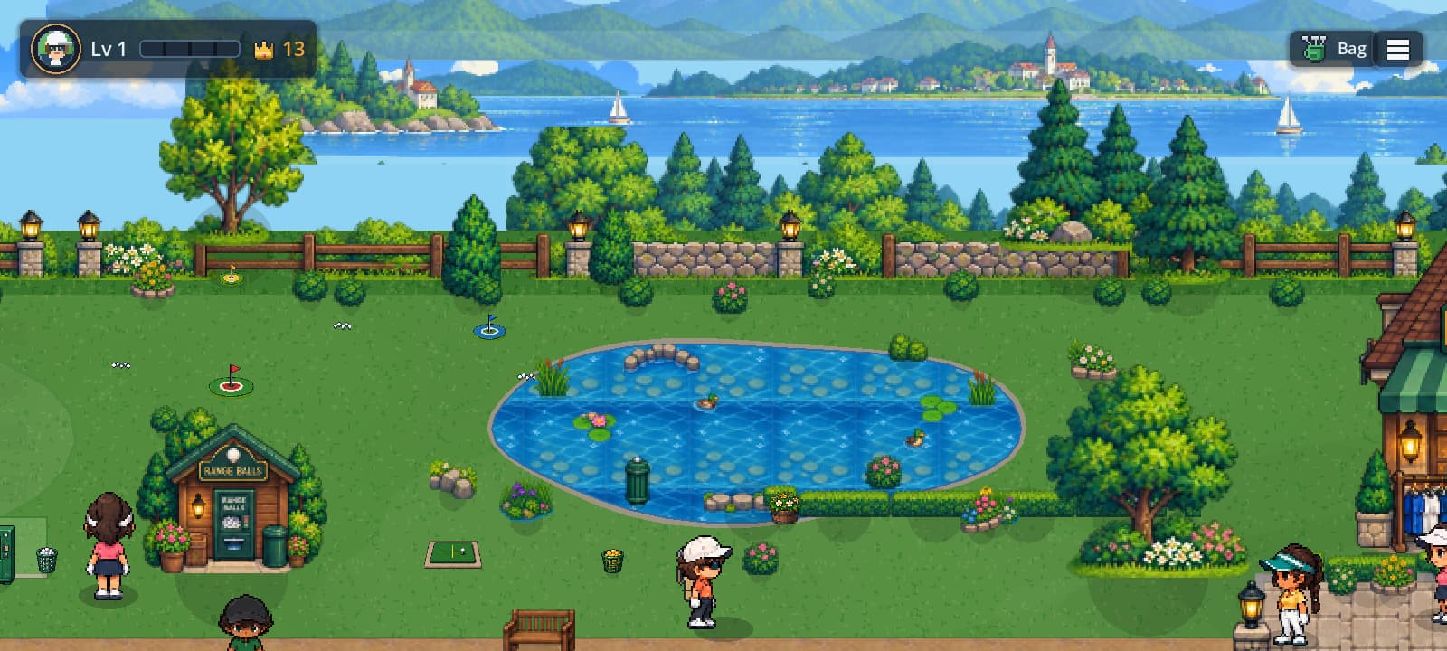 An ornamental pond with lily pads and ducks, planting along the banks and a range-balls hut to the left.
