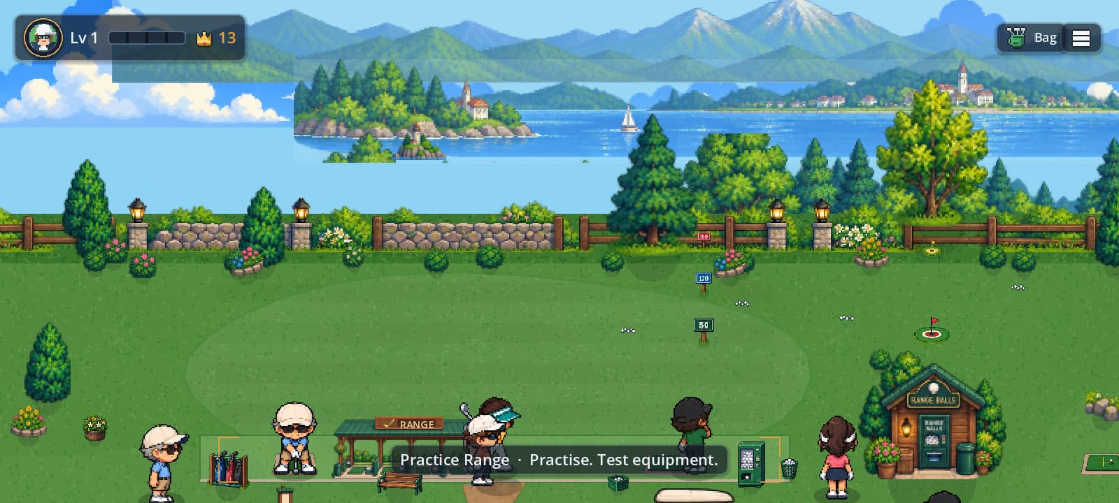 The west end of the club grounds with the range sign and prompt reading Practice Range: Practise. Test equipment.
