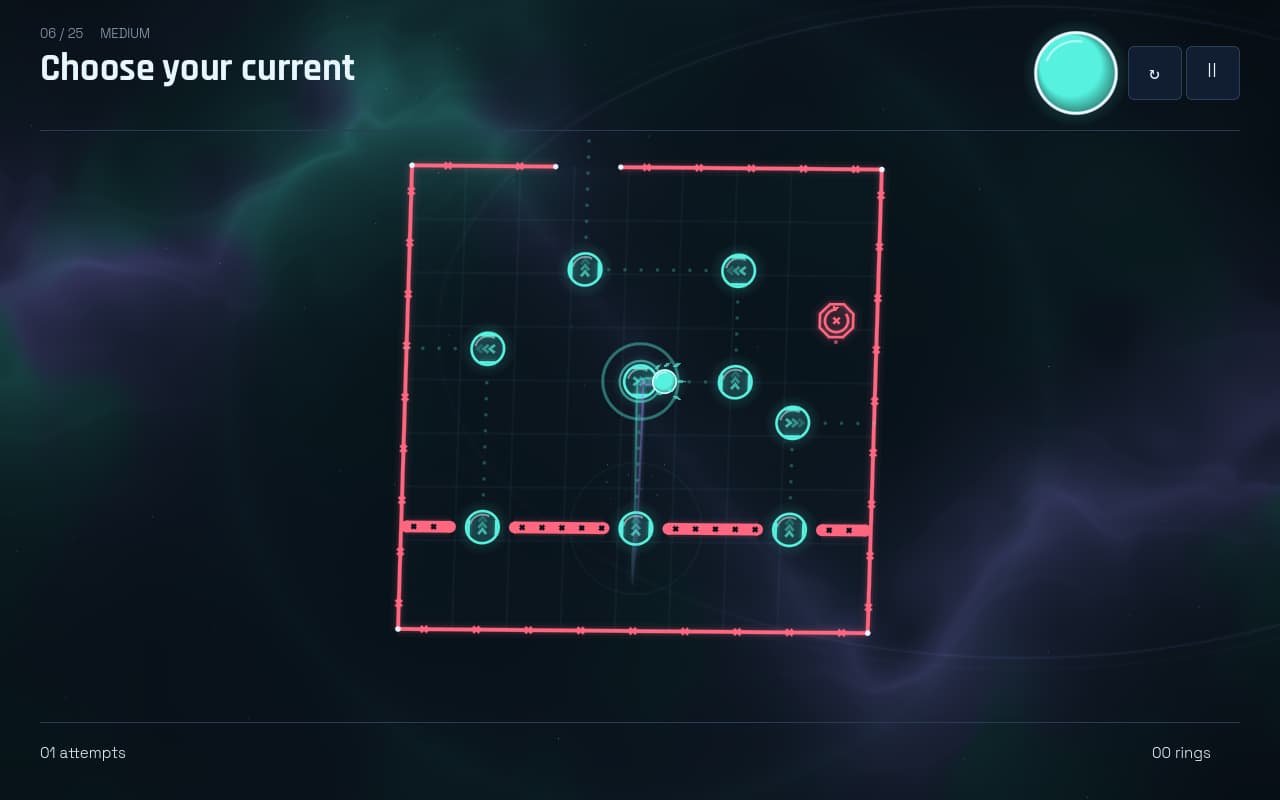 A neon arena: a small glowing circle leaves a launch pad on a bright trail, with pads and arrows marking routes around it and a red hazard drone in the corner.