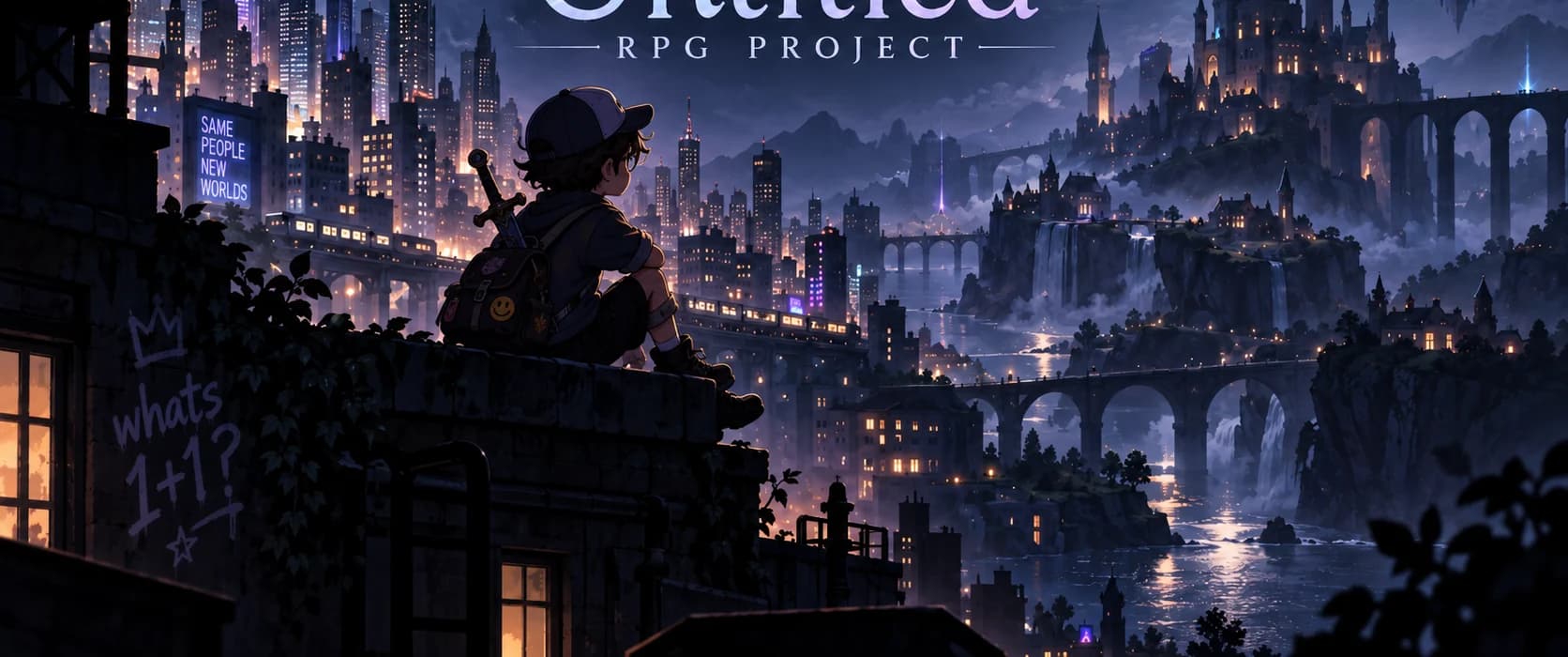 Key art crop: the kid on the rooftop between the neon city and the moonlit castle.