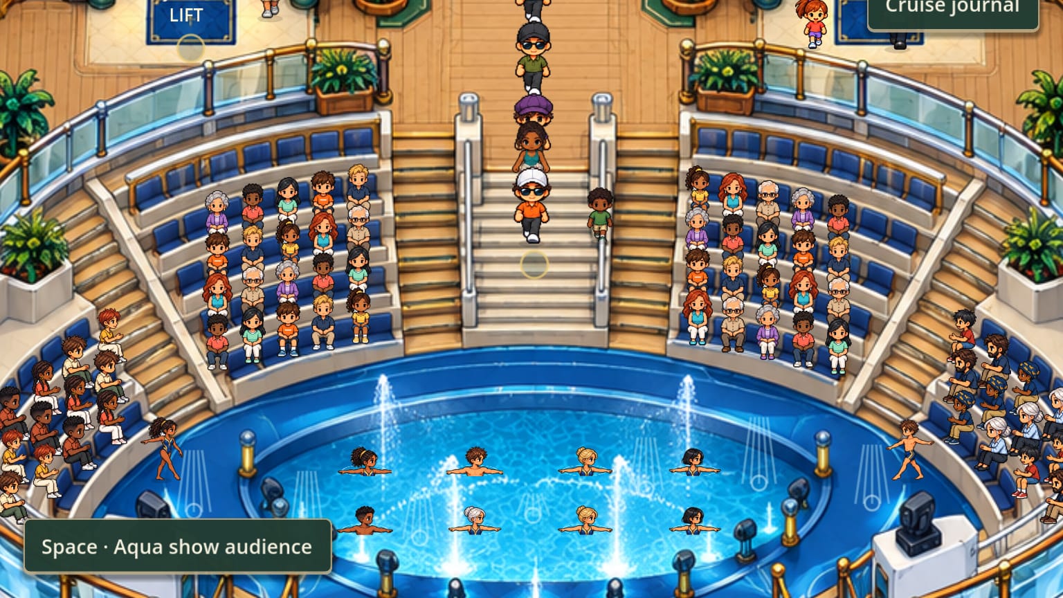 The aqua theater: rows of spectators on curved blue benches around a pool where swimmers perform among the fountains.