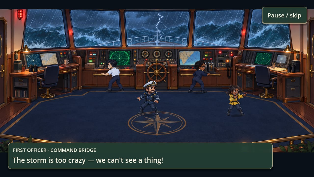 The ship's command bridge: radar screens, charts and a brass helm under panoramic windows full of storm, with four officers at their stations.