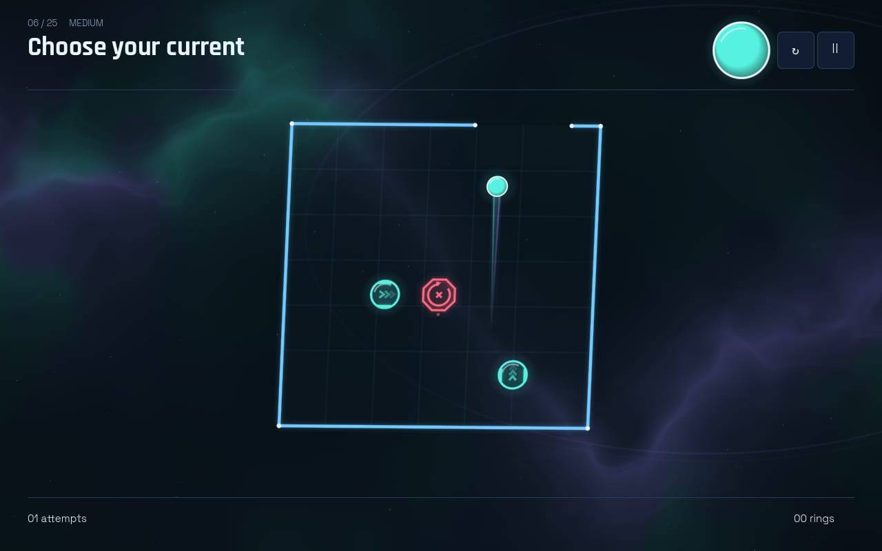 A neon arena: the player circle trails light upward from a launch pad, with a red drone nearby and an exit marker on the far wall.