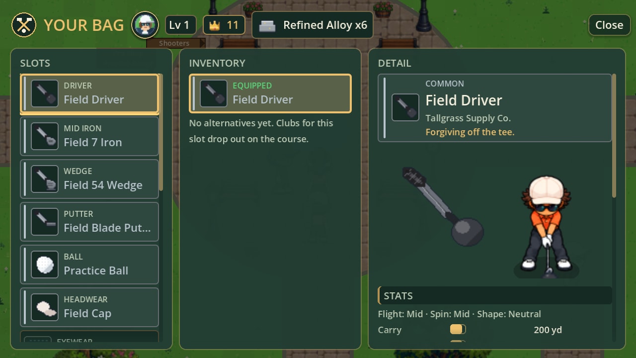 The bag screen under the club crest: equipment slots down the left, the inventory in the middle, and the equipped driver's detail and stats beside the golfer holding it.
