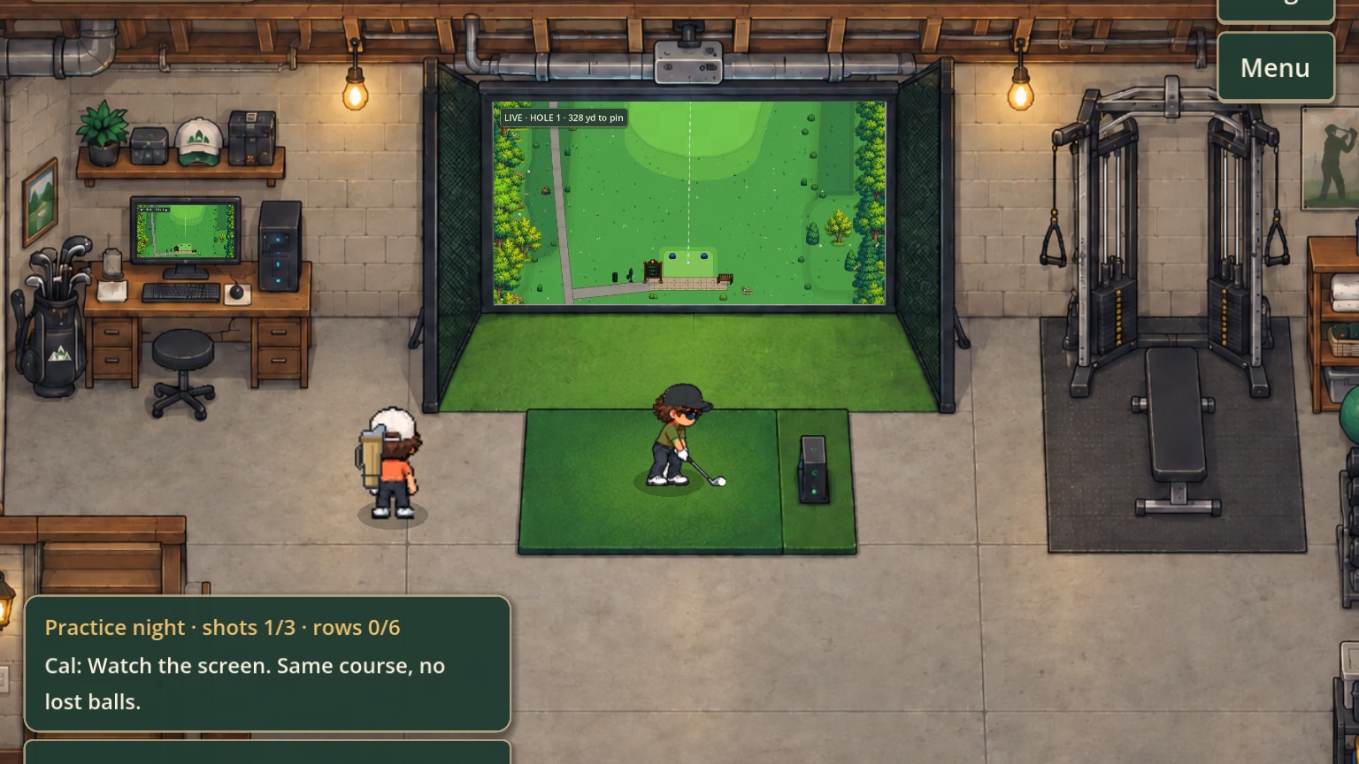 Cal taking his turn on the simulator mat while the golfer watches, the screen showing the same course.