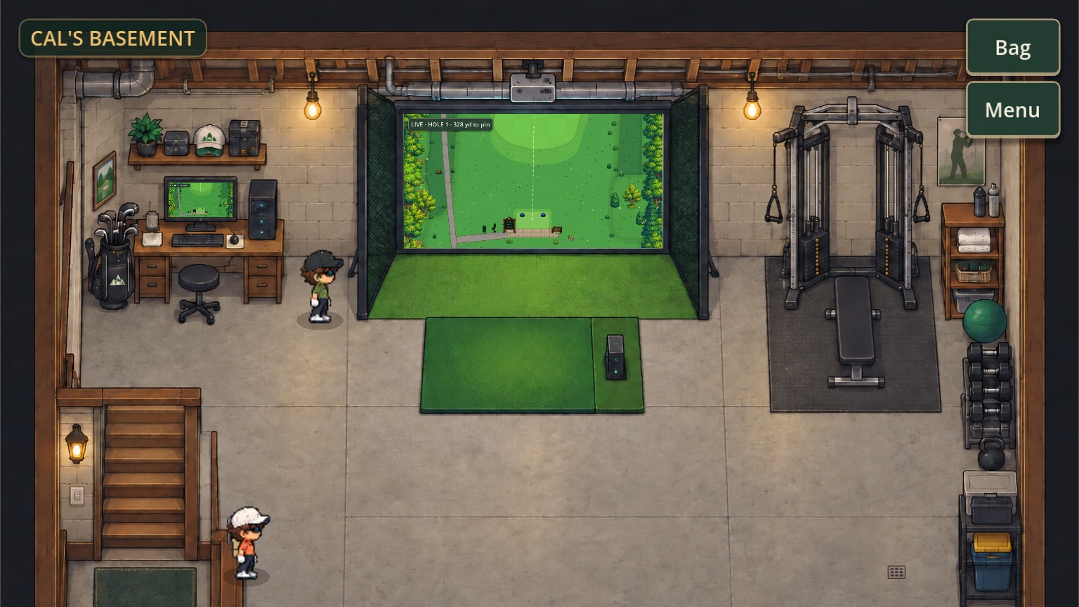 Cal's basement from above: a golf simulator's impact screen and hitting mat, a desk with the simulator PC, a cable trainer and bench, the stairs up to town, and Cal waiting by the desk.