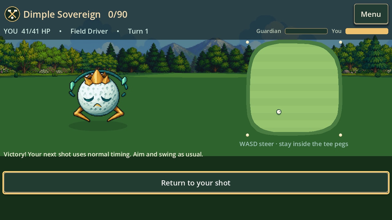 Dimple Sovereign beaten, eyes closed and crown askew, with the message Victory! Your next shot uses normal timing.