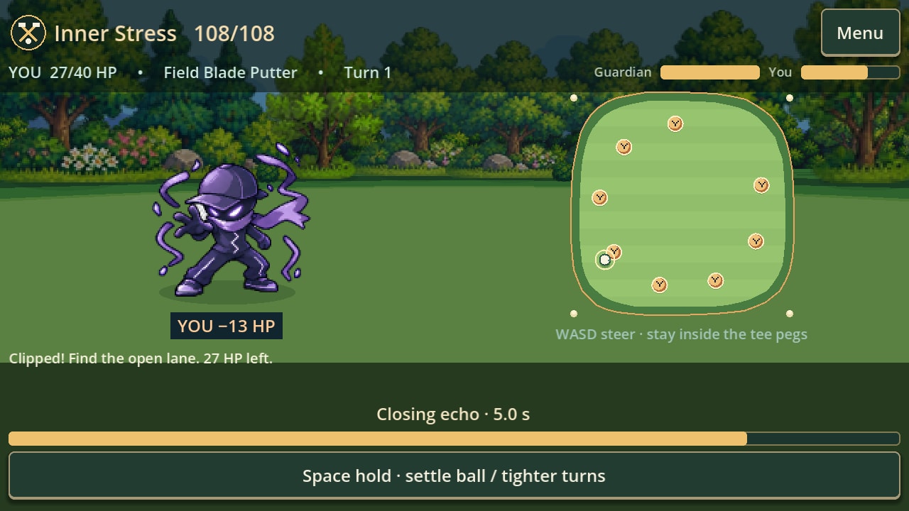Inner Stress's ring of hazards clips the golfer's ball for 13 HP while a bar counts down the rest of the attack.
