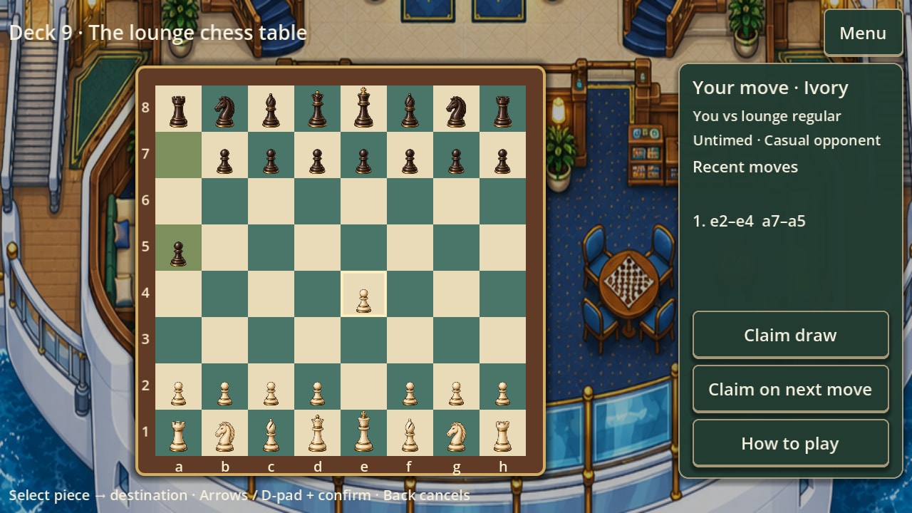The lounge chess board: ivory and walnut Staunton pieces on a wooden board, the opening move highlighted on its squares, and a side panel reading Your move, Ivory.