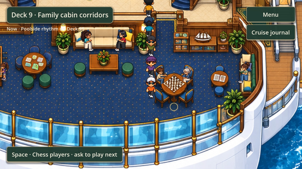 The cabin deck lounge from above: passengers at a chess table by the ship's curved glass rail, with a prompt to ask the players for a game.