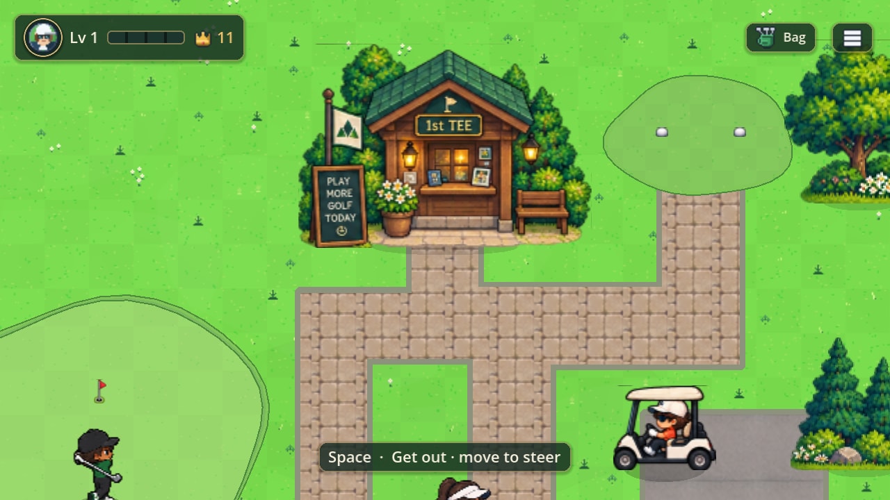 The golfer driving a golf cart along the paving past the 1st tee hut, with a prompt reading Space, Get out, move to steer.