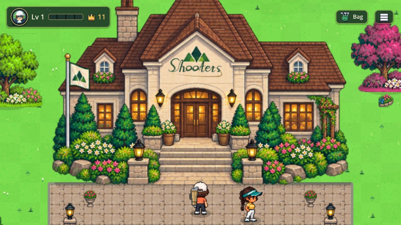 The clubhouse: a stone-and-timber building with dormer windows and an arched entrance up a flight of steps, its name on the facade, a flagpole beside it and banks of flowers and shrubs along the front.