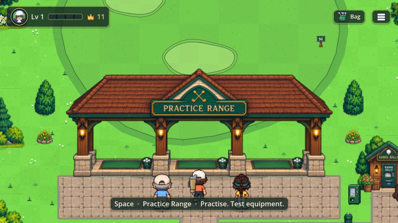 The practice range pavilion: a terracotta-roofed timber shelter with a green and gold Practice Range sign and three bays, members on the paving in front and a prompt reading Practise. Test equipment.