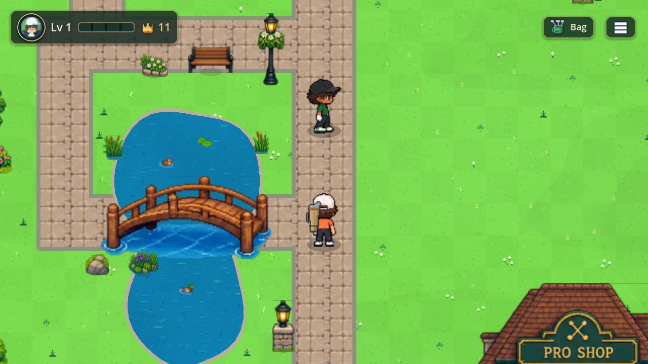 The water garden: a pond with lily pads and ducks crossed by an arched timber bridge, members on the paths beside it and the Pro Shop's roof at the corner.