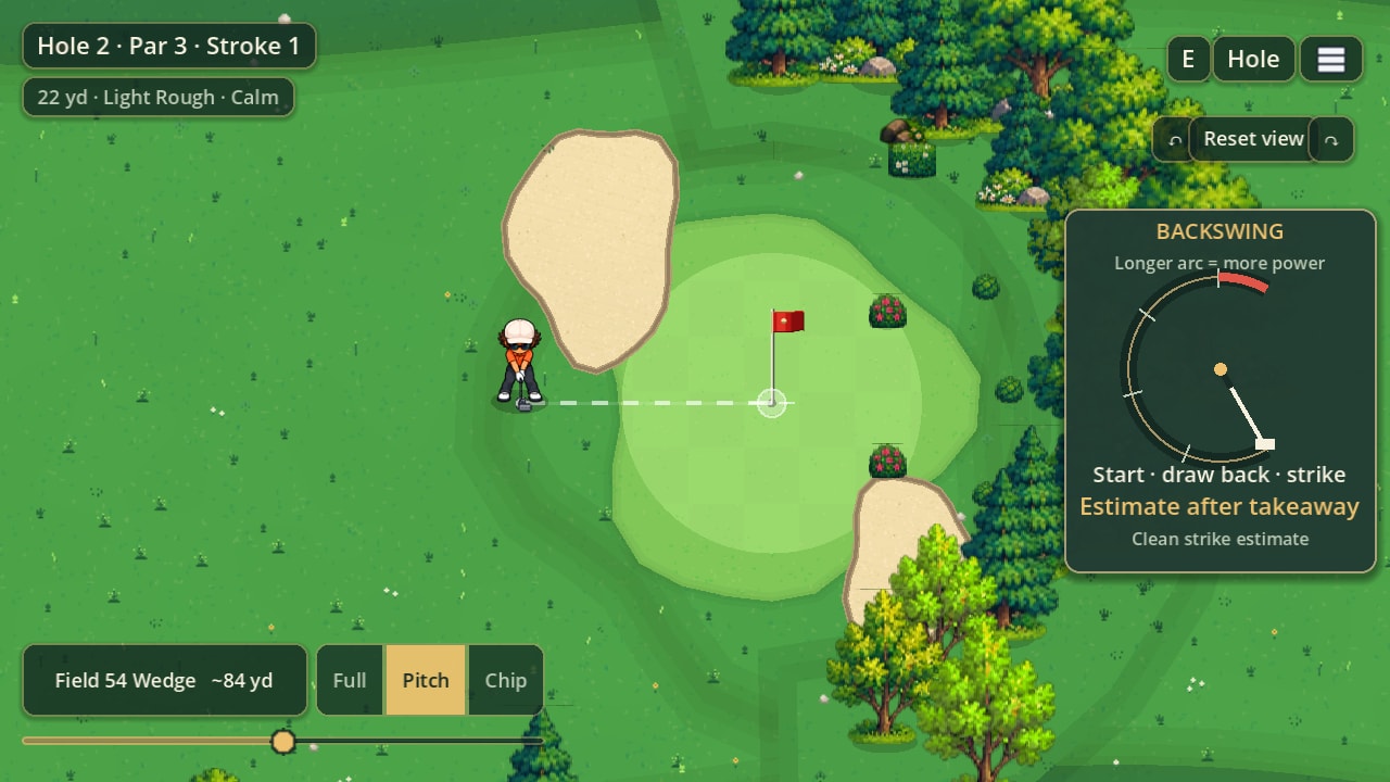 A pitch on the second: the golfer in light rough between two bunkers, the aim line running to the flag on a green framed by trees.