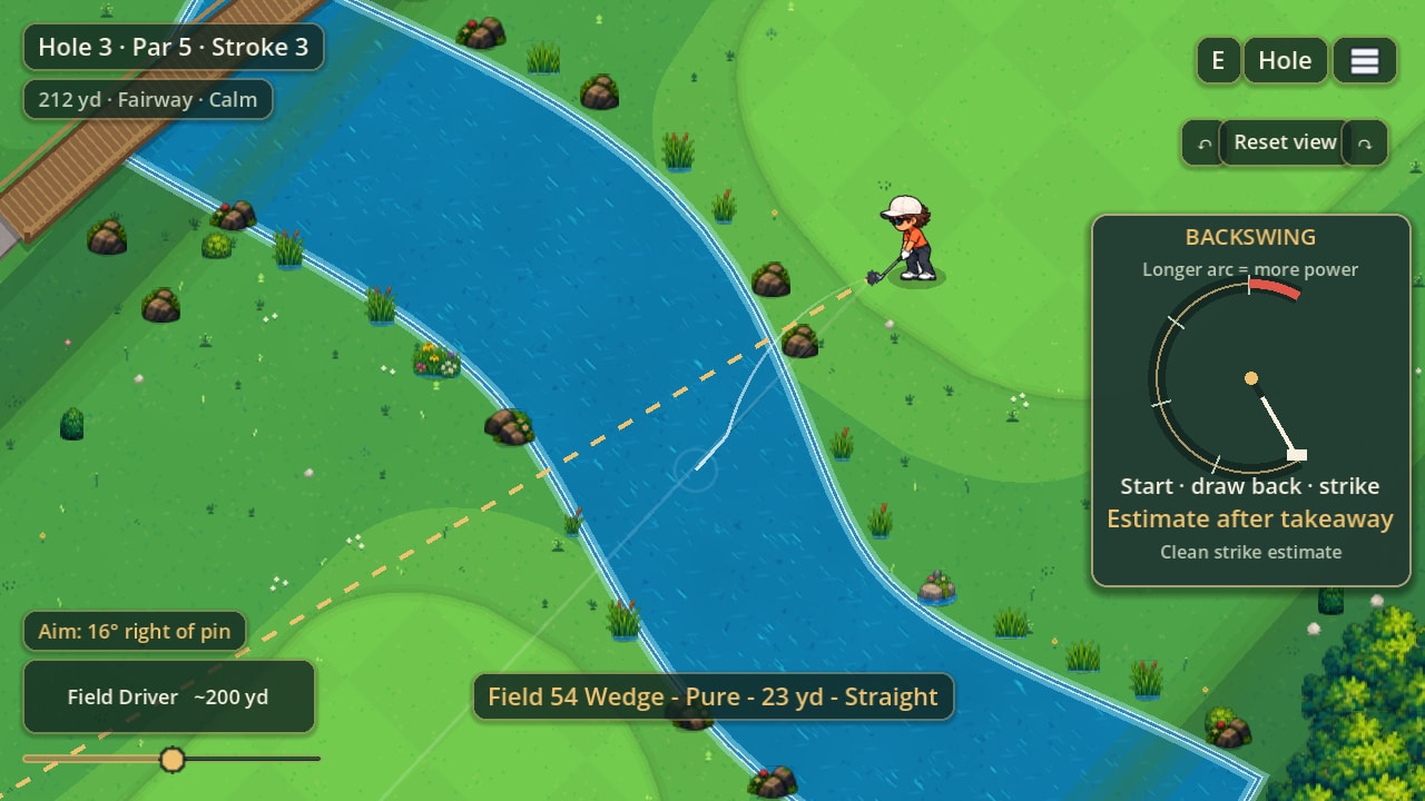 Playing across the creek on the third: the golfer on the far bank with the aim line crossing the water, and the last shot's result along the bottom.