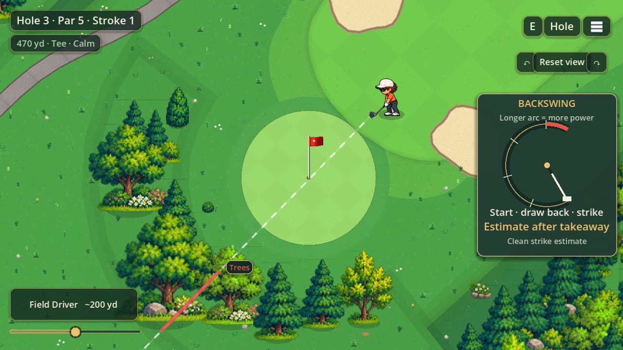The third green among pines, with the flag in the middle and the golfer lined up to approach it from the fairway.