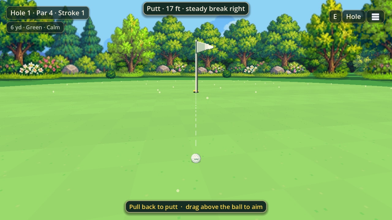 The putting view on the first green: the new ivory pennant flag against a treeline of full, rounded crowns, with a readout reading Putt, 17 feet, steady break right.
