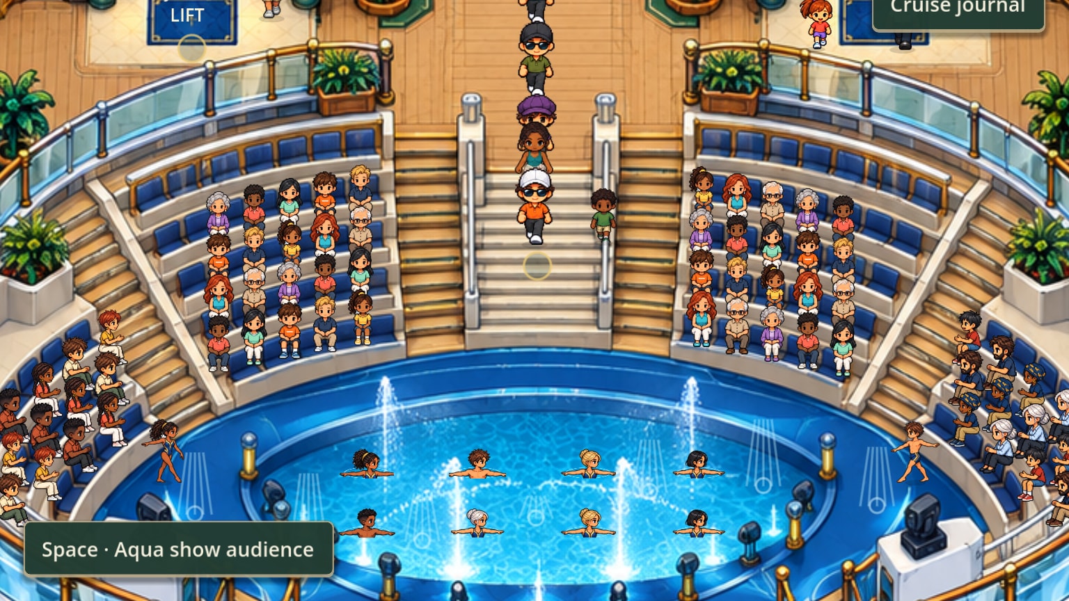 The aqua theater: rows of spectators on curved blue benches around a pool where swimmers perform among the fountains.