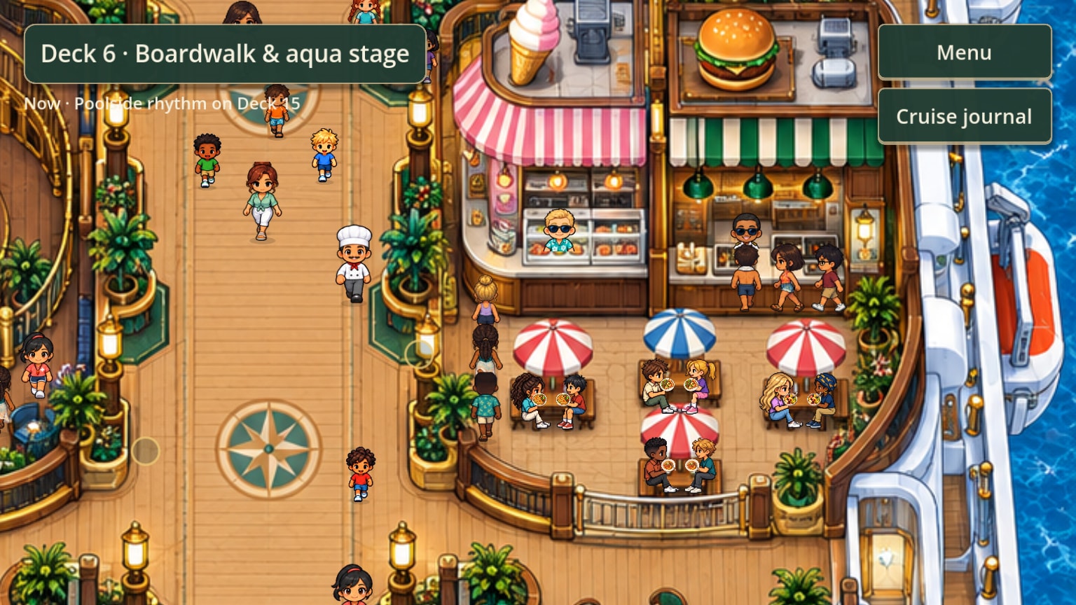 The boardwalk's food counters: a burger stand and an ice-cream counter with queues, and families eating at tables under red-and-white umbrellas.