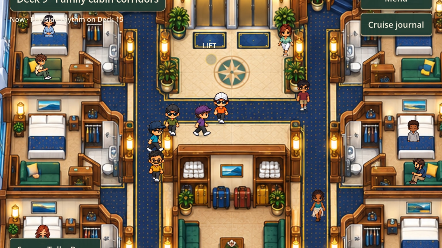 The cabin corridors from above: cabins with guests asleep in their beds, and passengers walking the blue-carpeted halls.
