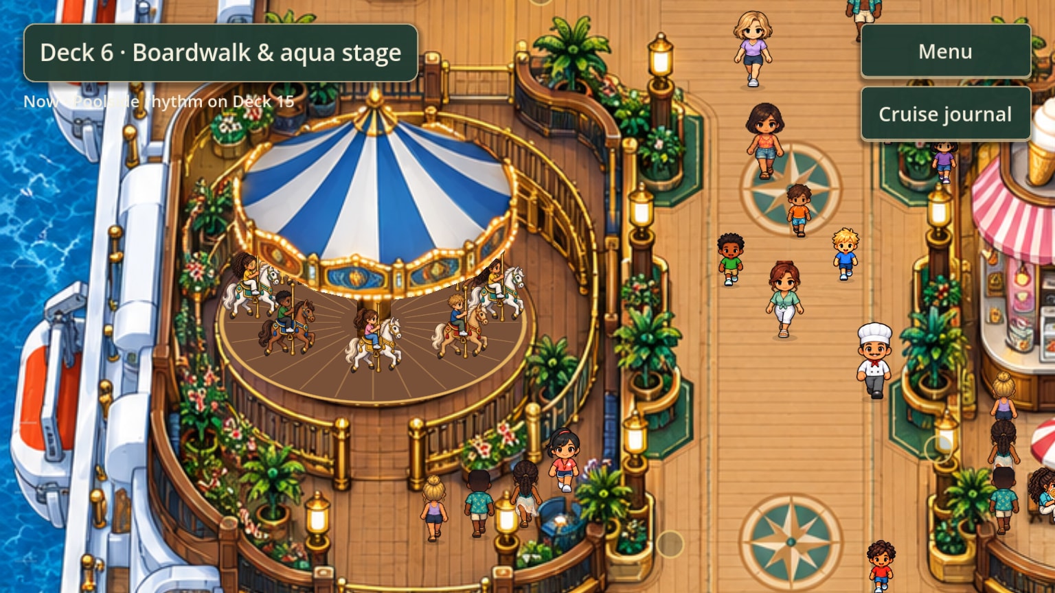 The boardwalk carousel: a striped canopy over horses with children riding, and passengers strolling past the food stalls.