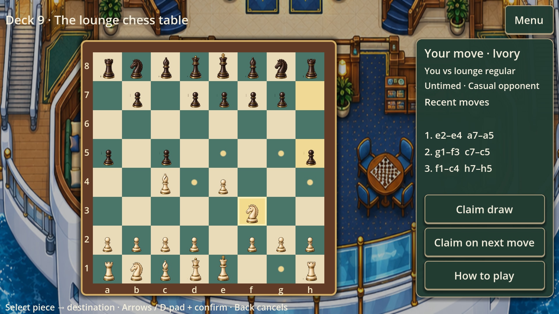 The lounge chess board: a wooden board with ivory and walnut pieces, a knight selected with its legal squares marked, and a panel beside it listing the recent moves.