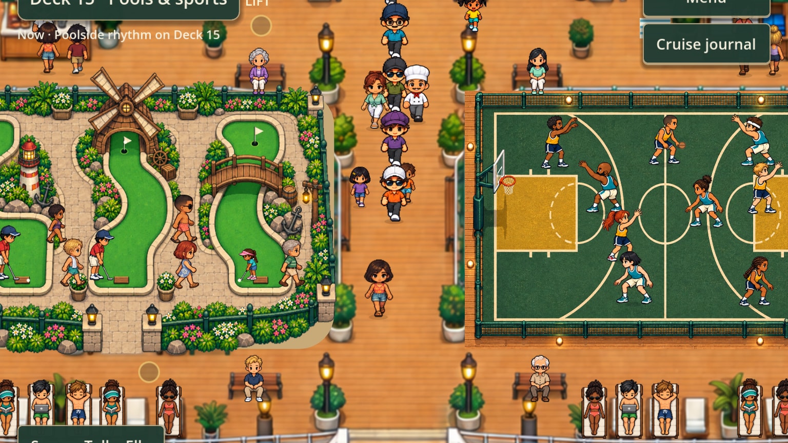 The sports end of the pool deck: three mini-golf lanes with a windmill and a lighthouse, guests putting, and a full basketball court with two teams mid-game.
