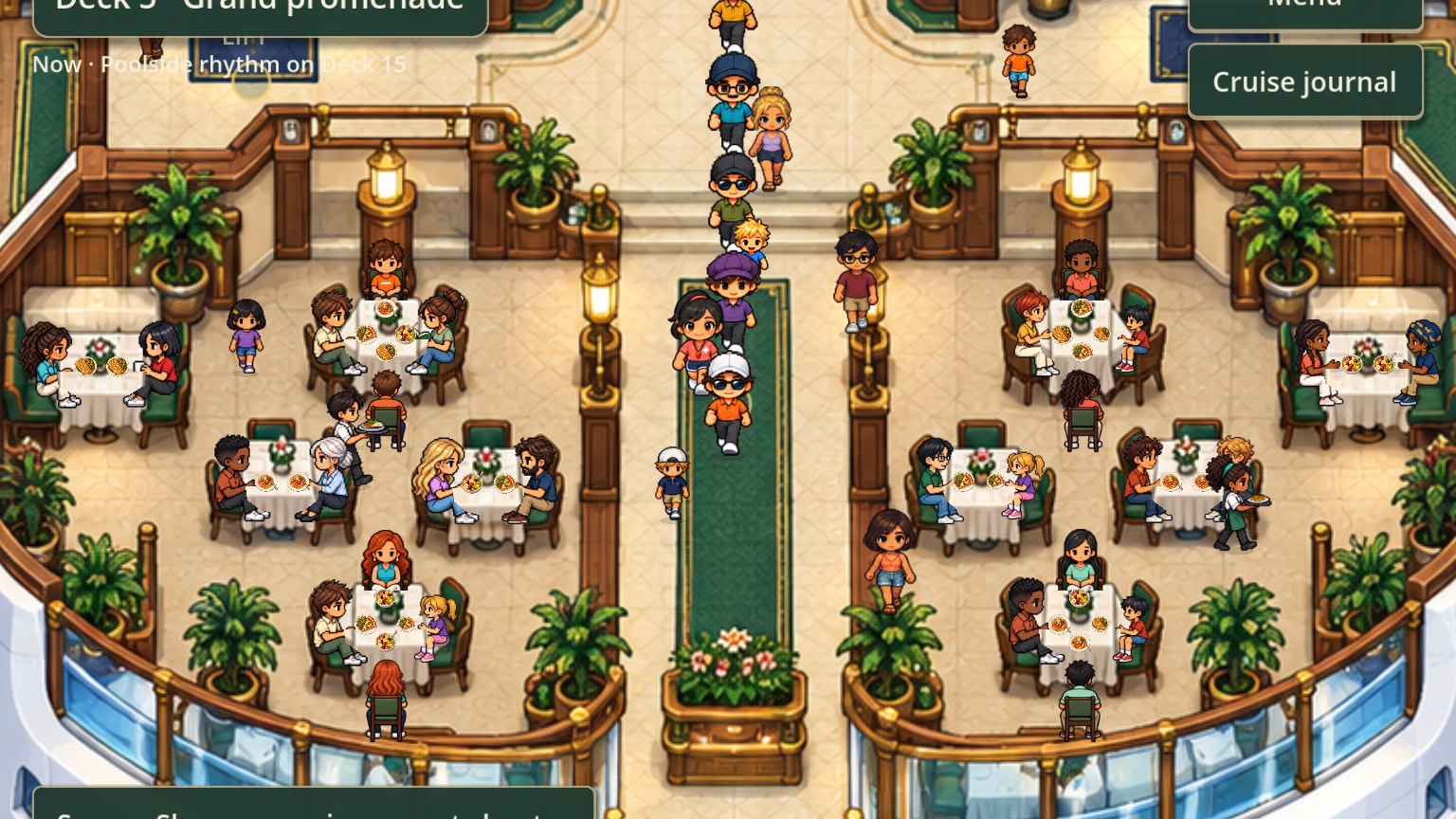 The promenade restaurant: white-clothed tables with diners and plated food, waiters between them, and the ship's glass rail beyond.