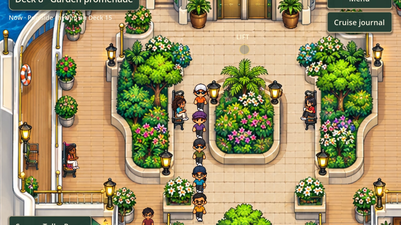 The garden promenade: planted beds, palms and flowering trees, with passengers on the paths and people sitting on benches and at a cafe.
